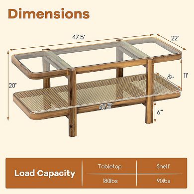 2 Tier Glass Top Coffee Table with Rattan Storage Shelf for Lounge and Apartment