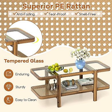 2 Tier Glass Top Coffee Table with Rattan Storage Shelf for Lounge and Apartment