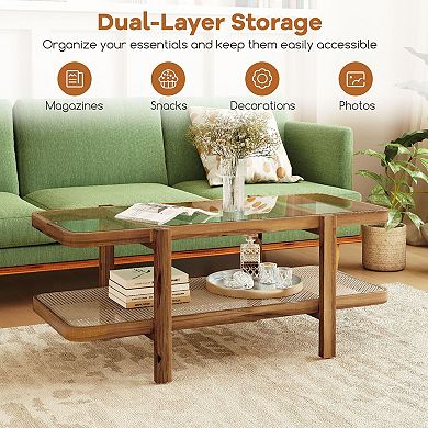 2 Tier Glass Top Coffee Table with Rattan Storage Shelf for Lounge and Apartment