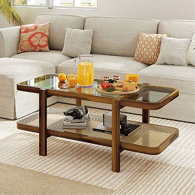 2 Tier Glass Top Coffee Table with Rattan Storage Shelf for Lounge and Apartment