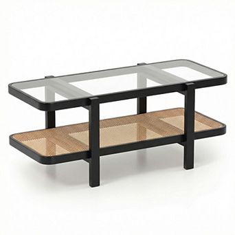 2 tier Glass Top Coffee Table with Rattan Storage Shelf for Lounge and Apartment