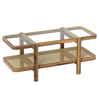 2 tier Glass Top Coffee Table with Rattan Storage Shelf for Lounge and Apartment