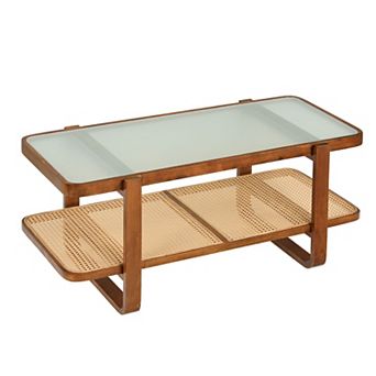 Boho Coffee Table with Tempered Glass Top and Woven Rattan Storage Shelf