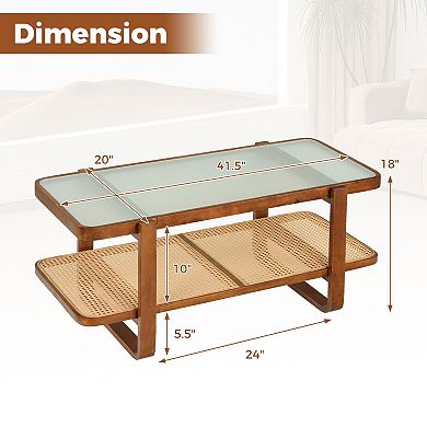 Boho Coffee Table with Tempered Glass Top and Woven Rattan Storage Shelf