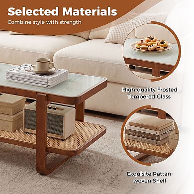 Boho Coffee Table with Tempered Glass Top and Woven Rattan Storage Shelf