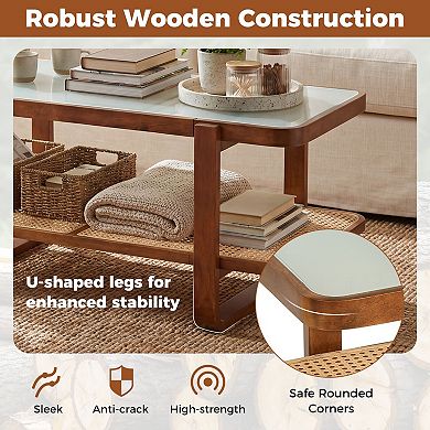 Boho Coffee Table with Tempered Glass Top and Woven Rattan Storage Shelf