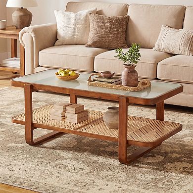 Boho Coffee Table with Tempered Glass Top and Woven Rattan Storage Shelf