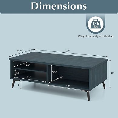 Mid Century Rectangular Coffee Table with 2 Shelves and Open Storage Compartments