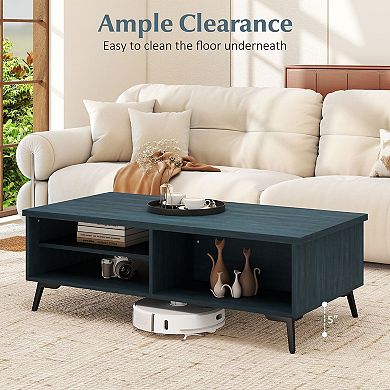 Mid Century Rectangular Coffee Table with 2 Shelves and Open Storage Compartments