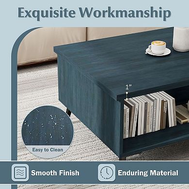 Mid Century Rectangular Coffee Table with 2 Shelves and Open Storage Compartments