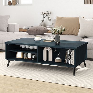 Mid Century Rectangular Coffee Table with 2 Shelves and Open Storage Compartments