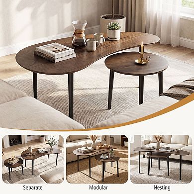 2-Piece Coffee Table Set Kidney Shape Round Nesting Tables Modern Living Room