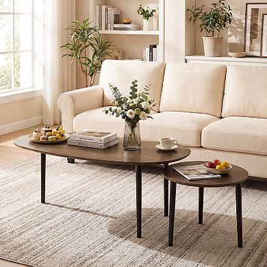 2-Piece Coffee Table Set Kidney Shape Round Nesting Tables Modern Living Room
