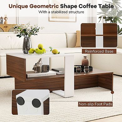 Modern Geometric Coffee Table with 2 Tier Storage Shelf for Small Living Room