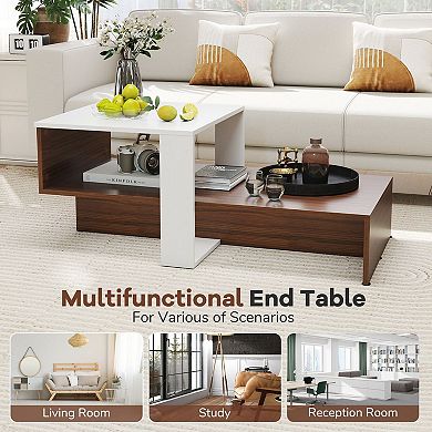 Modern Geometric Coffee Table with 2 Tier Storage Shelf for Small Living Room