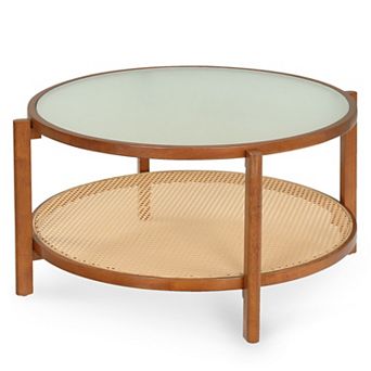 Round Coffee Table with Tempered Glass Top for Small Living Room
