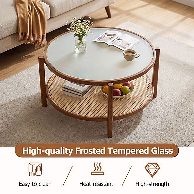 Round Coffee Table with Tempered Glass Top for Small Living Room