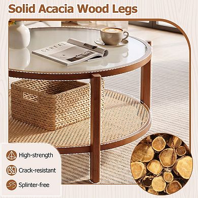 Round Coffee Table with Tempered Glass Top for Small Living Room