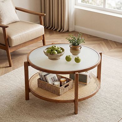 Round Coffee Table with Tempered Glass Top for Small Living Room