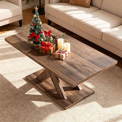 Modern Rustic Coffee Table Geometric Base Wood Look Rectangular Living Room Table