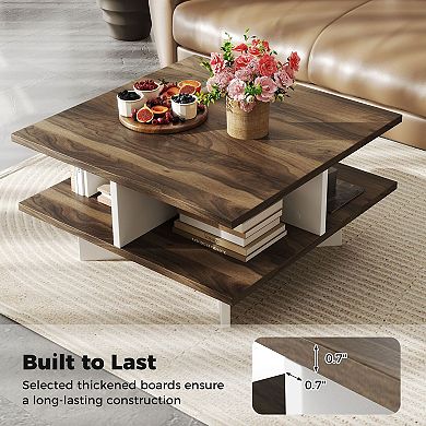 Farmhouse Coffee Table with 4 Storage Compartments for Small Living Room