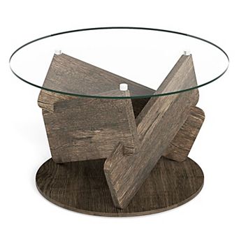 Modern Round Glass Coffee Table with Wood Base for Living Room and Apartment