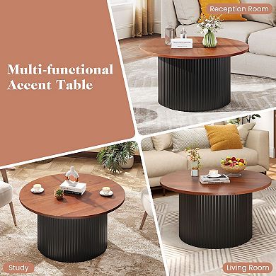 Modern Farmhouse Round Coffee Table Wood Look Finish Accent Cocktail Table