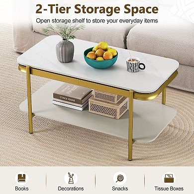 2 Tier Coffee Table with Sintered Stone Surface and Lower Shelf Storage for Lounge Areas