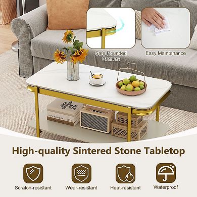 2 Tier Coffee Table with Sintered Stone Surface and Lower Shelf Storage for Lounge Areas