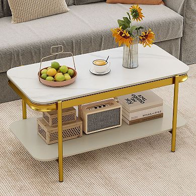 2 Tier Coffee Table with Sintered Stone Surface and Lower Shelf Storage for Lounge Areas
