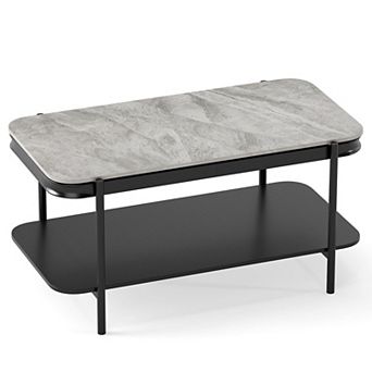 2 tier Coffee Table with Sintered Stone Surface and Lower Shelf Storage for Lounge Areas