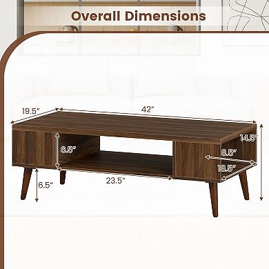 Mid-Century Modern Coffee Table Open Storage Shelves Living Room