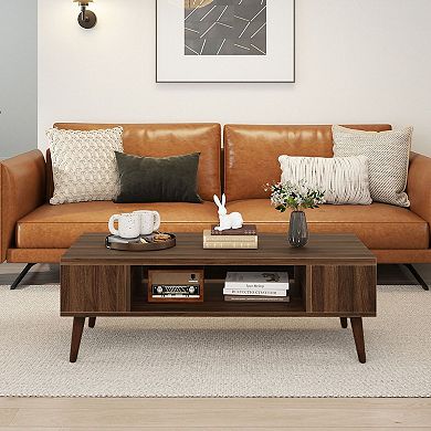 Mid-Century Modern Coffee Table Open Storage Shelves Living Room