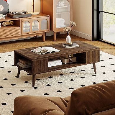 Mid-Century Modern Coffee Table Open Storage Shelves Living Room