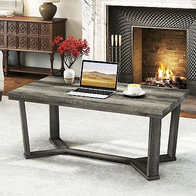 Farmhouse Rectangular Coffee Table with Rubber Wood Base for Living Room