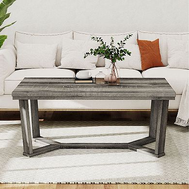 Farmhouse Rectangular Coffee Table with Rubber Wood Base for Living Room
