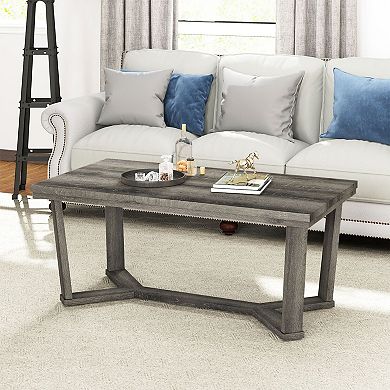 Farmhouse Rectangular Coffee Table with Rubber Wood Base for Living Room