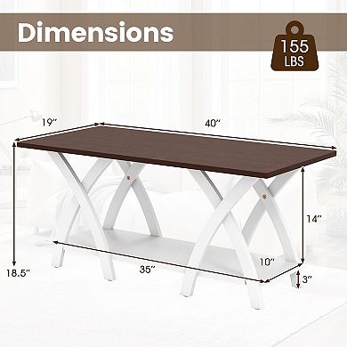 2 Tier Rectangular Coffee Table with X Side Frame for Living Room Storage