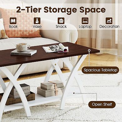 2 Tier Rectangular Coffee Table with X Side Frame for Living Room Storage