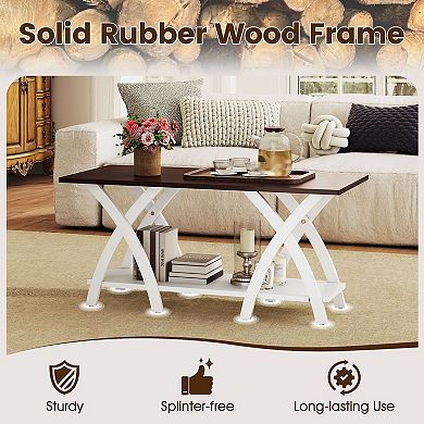 2 Tier Rectangular Coffee Table with X Side Frame for Living Room Storage