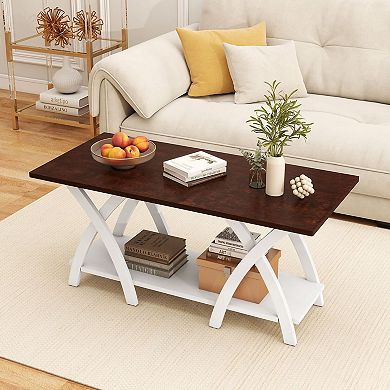 2 Tier Rectangular Coffee Table with X Side Frame for Living Room Storage
