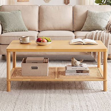 2-Tier Boho Coffee Table with Woven Rattan Shelf and Rectangular Tabletop for Living Room