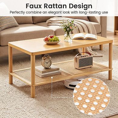 2-Tier Boho Coffee Table with Woven Rattan Shelf and Rectangular Tabletop for Living Room
