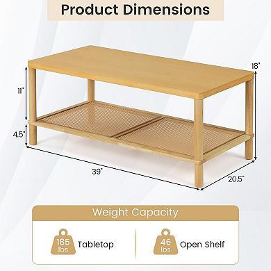 2-Tier Boho Coffee Table with Woven Rattan Shelf and Rectangular Tabletop for Living Room