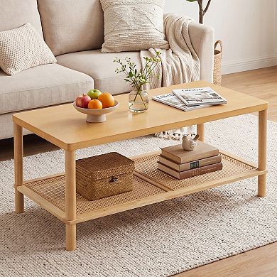 2-Tier Boho Coffee Table with Woven Rattan Shelf and Rectangular Tabletop for Living Room