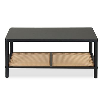 2 tier Boho Coffee Table with Woven Rattan Shelf and Rectangular Tabletop for Living Room