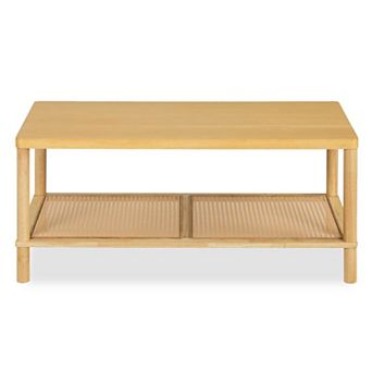 2 tier Boho Coffee Table with Woven Rattan Shelf and Rectangular Tabletop for Living Room