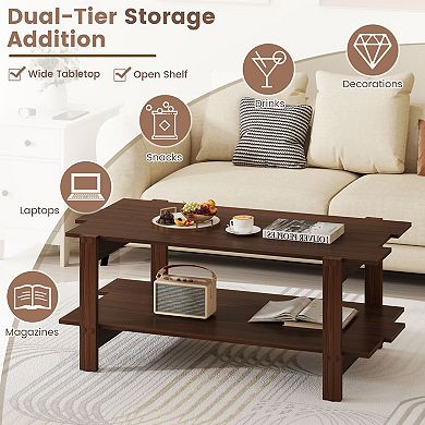 2-Tier Modern Rectangular Coffee Table with Open Storage Shelf and Slatted Design for Living Room