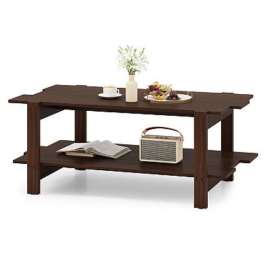 2-Tier Modern Rectangular Coffee Table with Open Storage Shelf and Slatted Design for Living Room