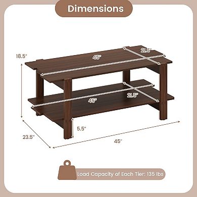 2-Tier Modern Rectangular Coffee Table with Open Storage Shelf and Slatted Design for Living Room
